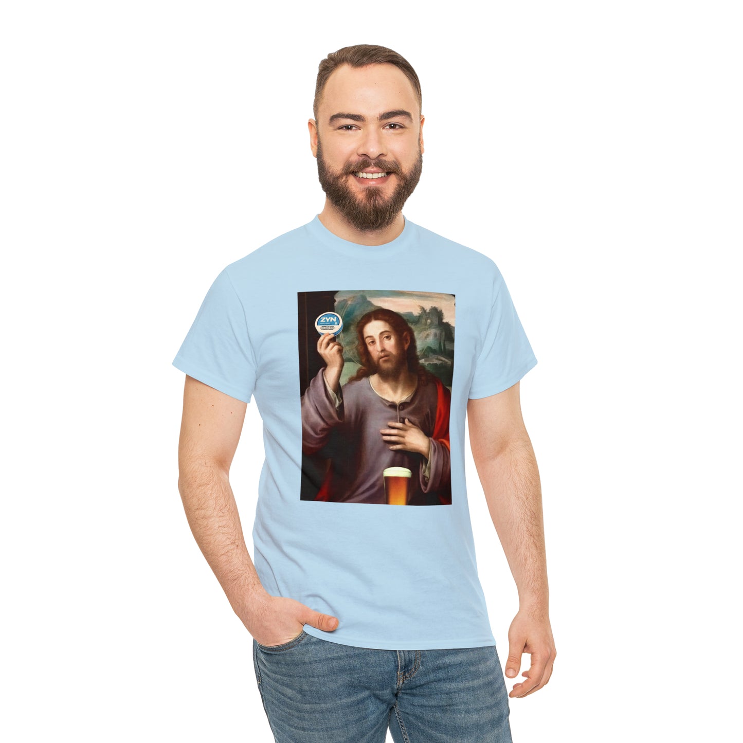 Jesus holding Zyns and beer - Unisex Heavy Cotton Tee