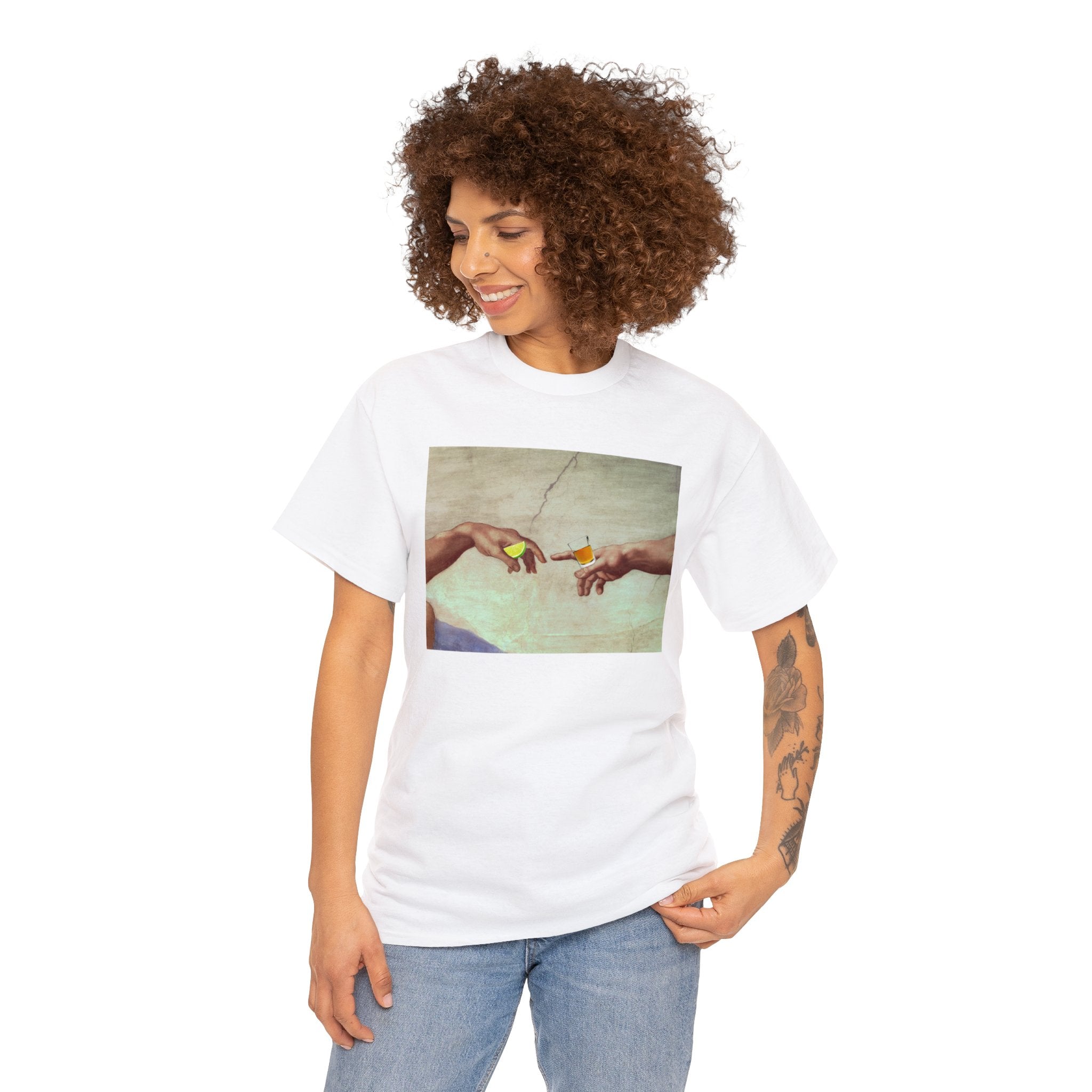 Gods hand passing tequila and lime - Unisex Heavy Cotton Tee