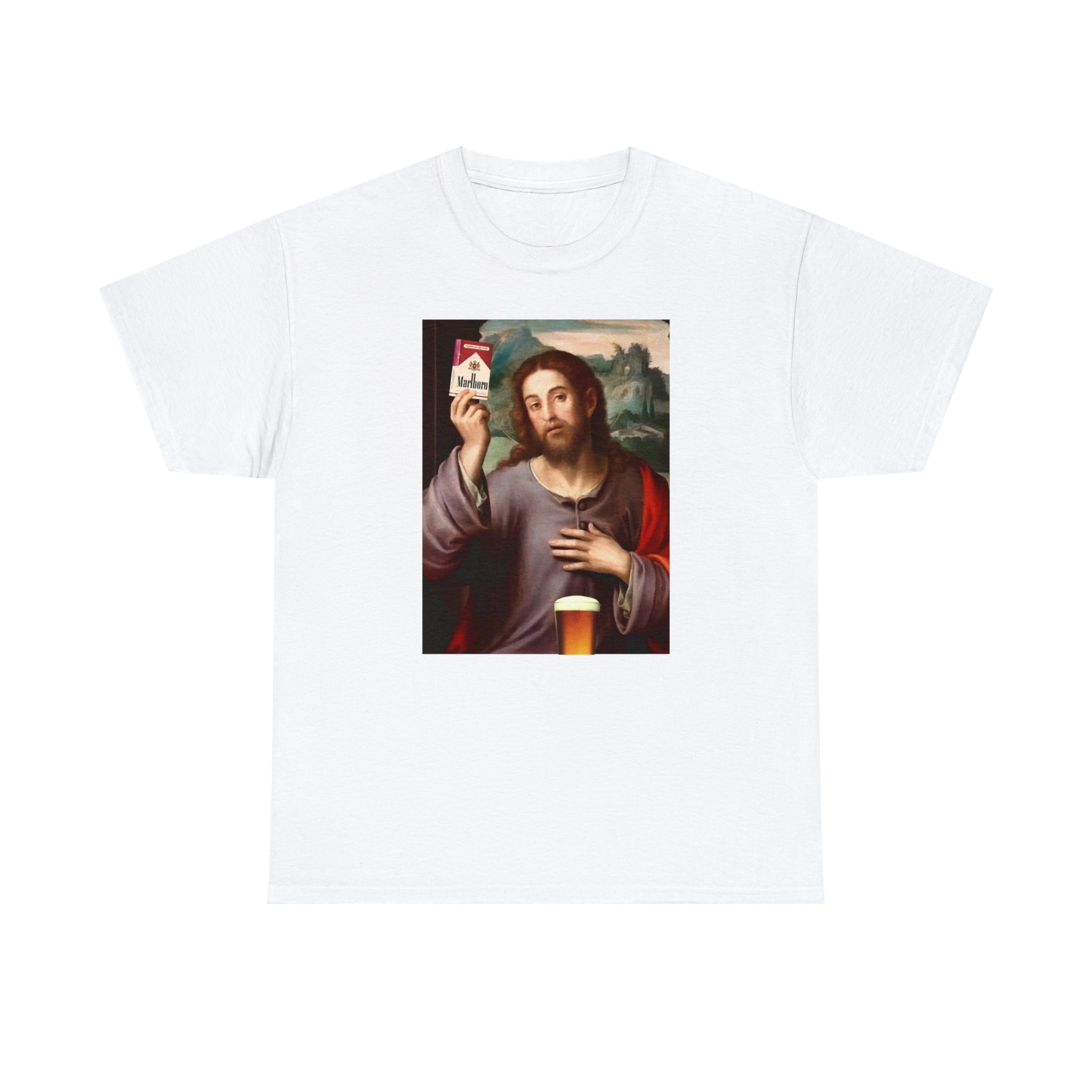 Jesus holding cigarettes and beer - Unisex Heavy Cotton Tee